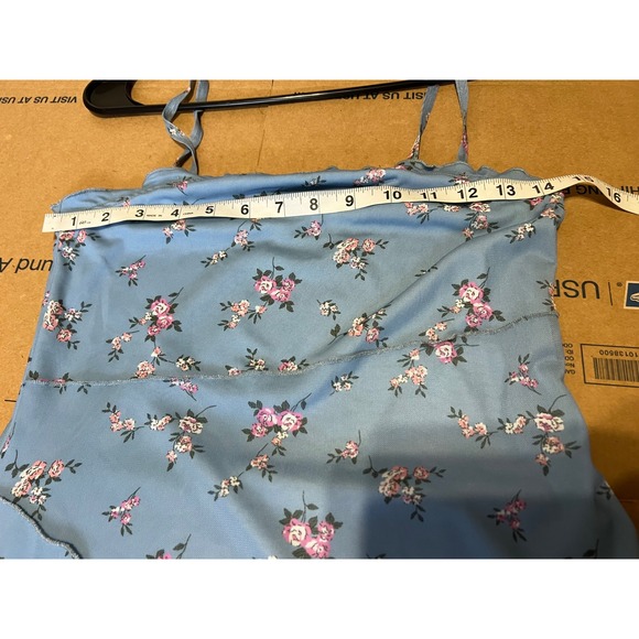 Boho Cottagecore Blue Floral Mesh Mini Dress Asymmetrical Lettuce Hem Y2K Style - Picture 6 of 7